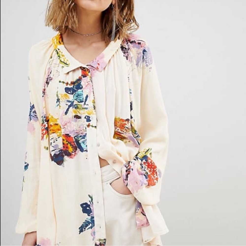 Free People Floral Cream Blouse